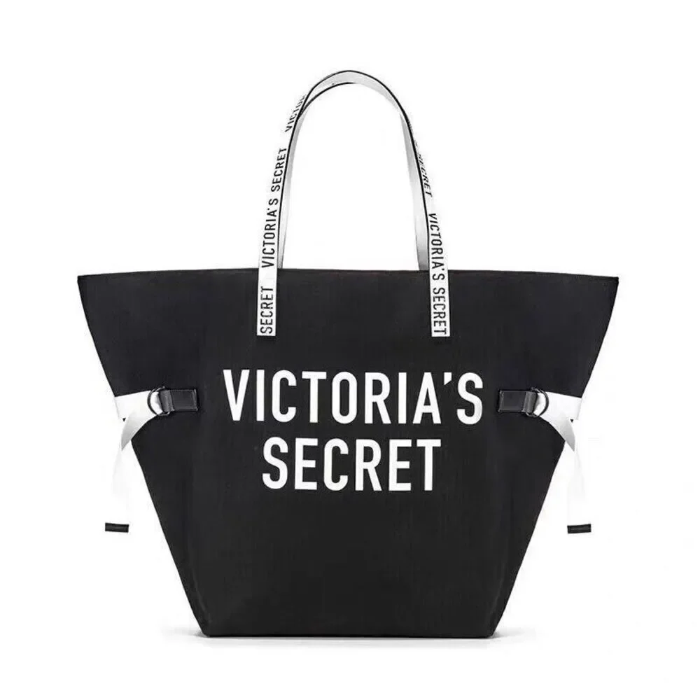 Victoria’s Secret Large Tote Bag Black White Canvas Logo 2018 Collectible - Picture 1 of 17